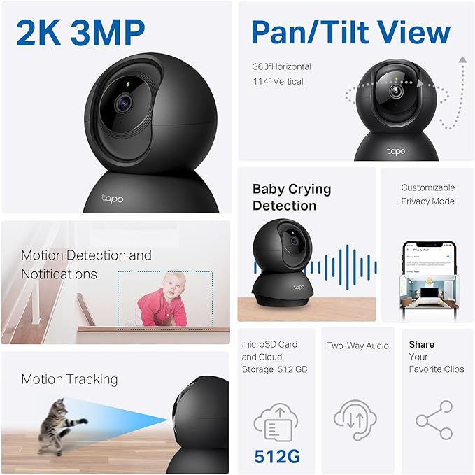 Tapo 2K Pan Tilt Security Camera for Baby Monitor, Dog Camera,C211(2-Pack) | Motion Detection, 2-Way Audio Siren, Night Vision, Cloud &SD Card Storage, Works with Alexa & Google Home, Black