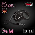 FLEXI® Classic Tape Retractable Dog Leash, Medium, 16 ft - Black | German engineered, original flexi leash, durable quality for dogs up to 55 lbs, tangle-free, walking, reliable brake system