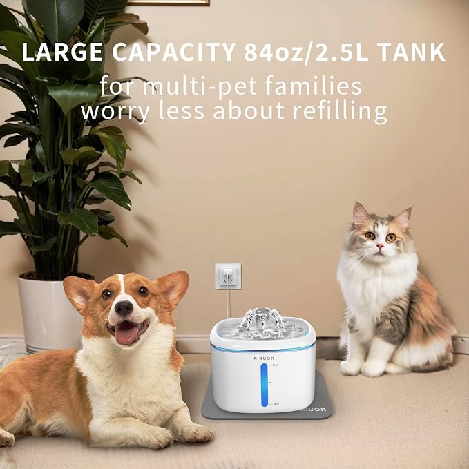 Cat Water Fountain,2.5L/84oz Pet Water Fountain for Cats Inside, Cat Fountain for Drinking with Ultra Quiet Pump(≤20dB)& LED Blue Light - for Pets Small Animals