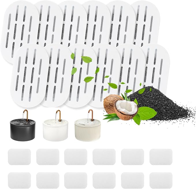 MISFANS Ceramic Cat Water Fountain Filters, 12 Filters and 12 Sponges | Triple-Layer Filter, Cotton, Activated Carbon and Ion Exchange Resin, Pre-Soak 5 Minutes, Replace Every 1-2 Weeks, Verify Fit