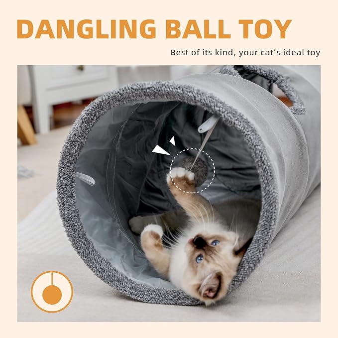 PAWZ Road Cat Tunnel 51 Inches Long Cat Toys Collapsible Tunnel 12”Diameter | Large Cats Tube for Big Cats,Rabbits and Puppy Extra Long Cat Play Tunnel Straight with 2 Peepholes for Indoor&Adult Cats