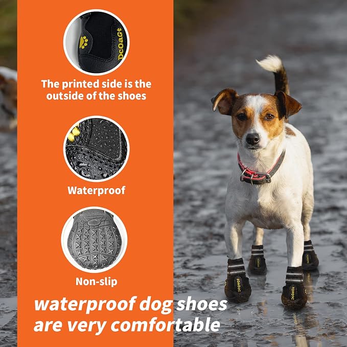 DcOaGt Waterproof Dog Shoes for Small Medium Large Puppy with Reflective Straps Rugged Anti-Slip Sole, Dog Boots Paw Protectors Dog Booties for Hot Pavement Winter Snow Rain Hiking 4PCS Black