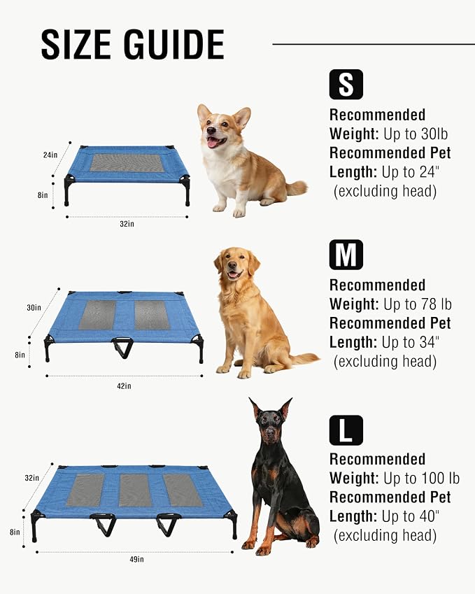 Elevated Dog Bed with Heavy-Duty Steel Frame, Breathable Mesh Cooling Surface, Easy to Clean, Portable Raised Dog Cot for Indoor & Outdoor Use,32x24x8 Inches Blue Dog Bed,Size S.