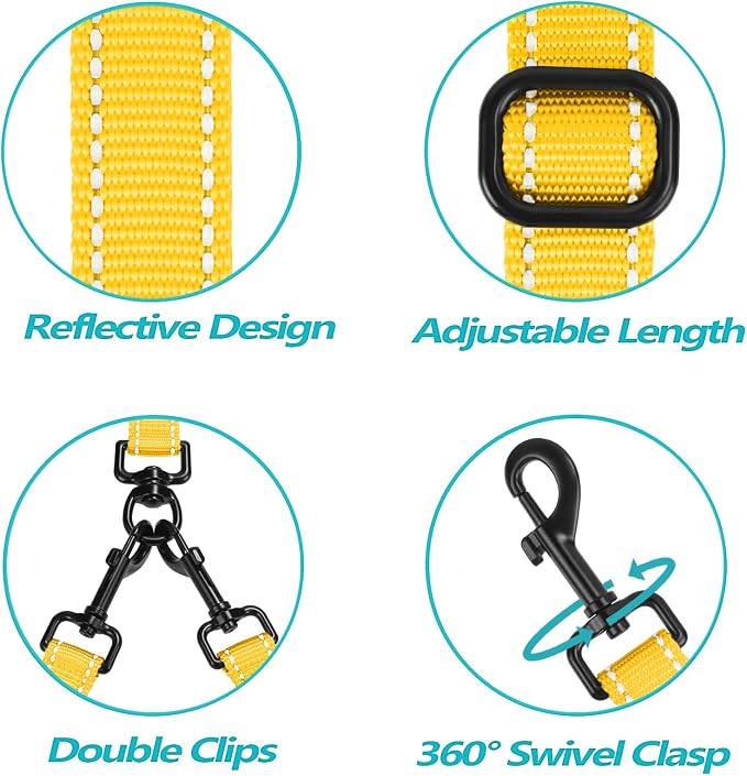 PetBonus Double Dog Leash, No Tangle Dual Leash, Walking Training Lead | 4 Comfortable Padded Handles, Adjustable, Reflective, For Two Large Medium Dogs, Collapsible Bowl and Waste Bags, Yellow
