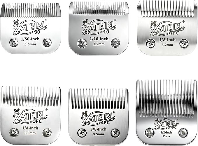 6 Pack Pet Grooming Clipper Blades with Ceramic Cutters, Sizes 10, 30, 7FC, 5FC, 4FC & 3-3/4FC, Silver, Compatible with Andis, Oster A5, Wahl KM10 A5 Style Dog Clippers
