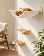 Cat Wall Shelves Set with Hammock and 2 Solid Wood Sisal Steps | 3-piece cat wall set includes 1 reversible canvas-plush hammock and 2 solid wood steps with removable sisal mats