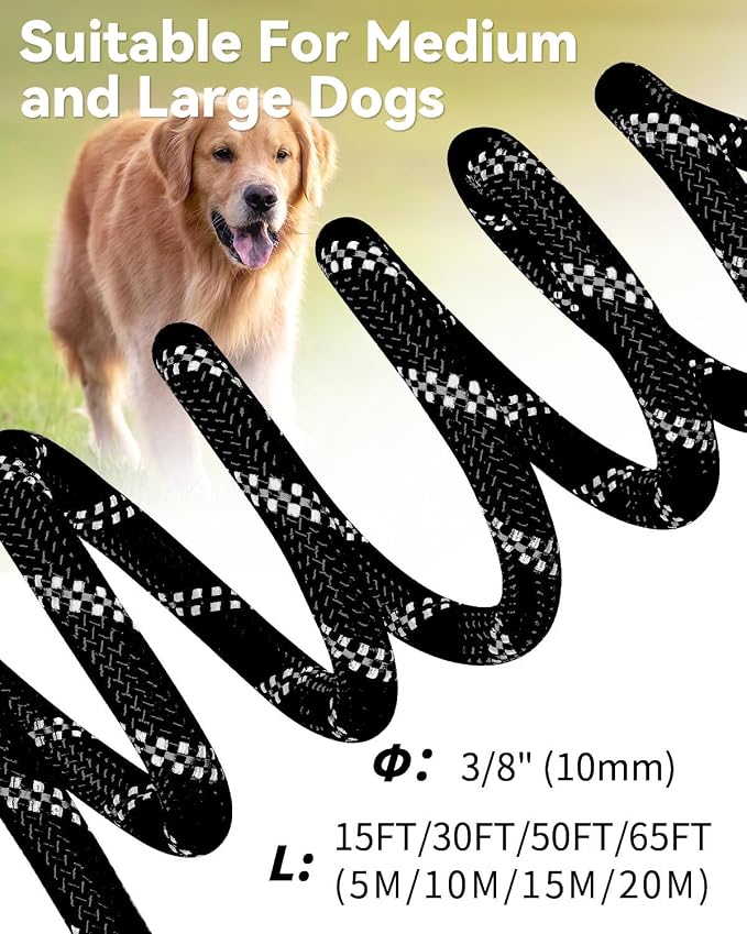 Joytale Long Dog Leash for Yard Tie Out & Recall Training, Black, 15FT | Secure Locking Carabiner, Removable Padded Handle, Reflective Webbing for Night Safety, Ideal for Outdoor Play and Camping