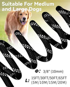 Joytale Long Dog Leash for Yard Tie Out & Recall Training, Black, 15FT | Secure Locking Carabiner, Removable Padded Handle, Reflective Webbing for Night Safety, Ideal for Outdoor Play and Camping