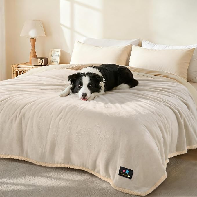 Luciphia Waterproof Pet Blankets, Liquid Pee Proof Dog Blanket for Sofa Bed Couch, Reversible Sherpa Fleece Furniture Protector Cover for Small Medium Large Dogs Cats, Dark Beige King Size（100" x 85"） | waterproof pet blanket sherpa fleece reversible c...