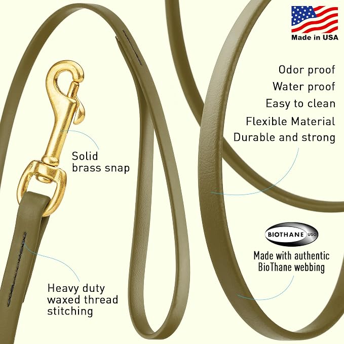 Viper Biothane K9 Working Dog Leash Waterproof Lead for Tracking Training Schutzhund Odor-Proof Long Line with Solid Brass Snap for Puppy Medium and Large Dogs, 15ft Olive Drab Green