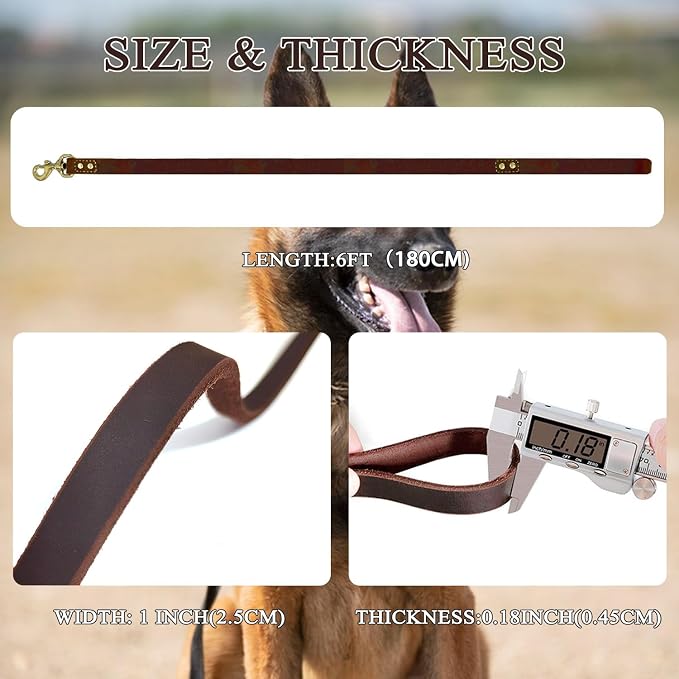 Heavy Duty Leather Dog Leash 6 ft x 1 inch,Strong Double Stitched Genuine Leather Pets Training Leash for Walking,Soft Handle and Durable Lead for Small Medium and Large Dogs Brown