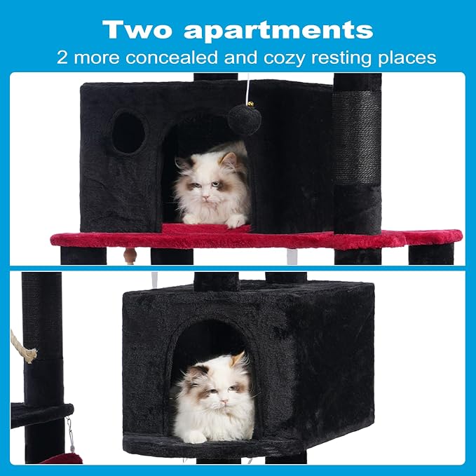 Hey-brother Cat Tree Tower with Sisal Scratching Posts, Big Condo, MPJ020BR | 53.7 Inches Multi-Level Cat House with 2 Bigger Plush Condos, 2 Platforms, Hammock, Toy Balls for Indoor Cats, Black and Red