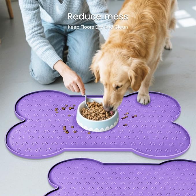 PWTAA Dog Food Mat Anti-Slip Silicone Dog Bowl Mat Thicker Pet Placemat Waterproof Cat Feeder Pad with Raised Edge Puppy Kitten Feeding Mats Suitable Small Medium-Sized Dogs Cats Eating Tray - 2PCS