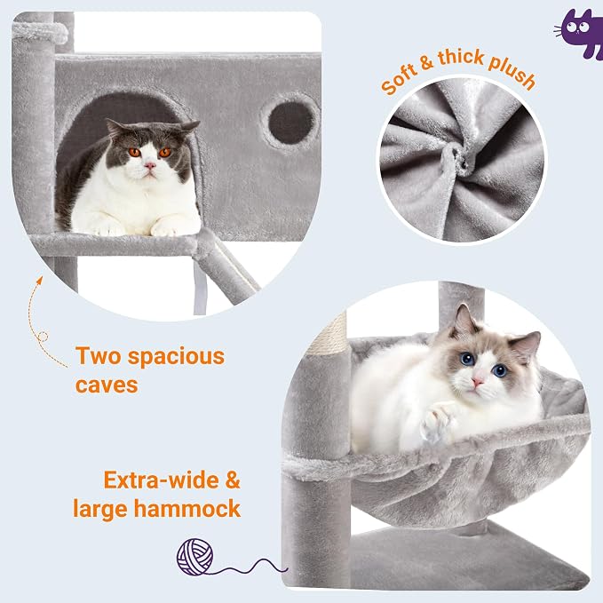 Allewie 81 Inches Tall Cat Tree/Multi-Level Large Climbing Tree House and Towers for Big Feline/Condo and Hammock/Scratching Post/Wide Base/Grey