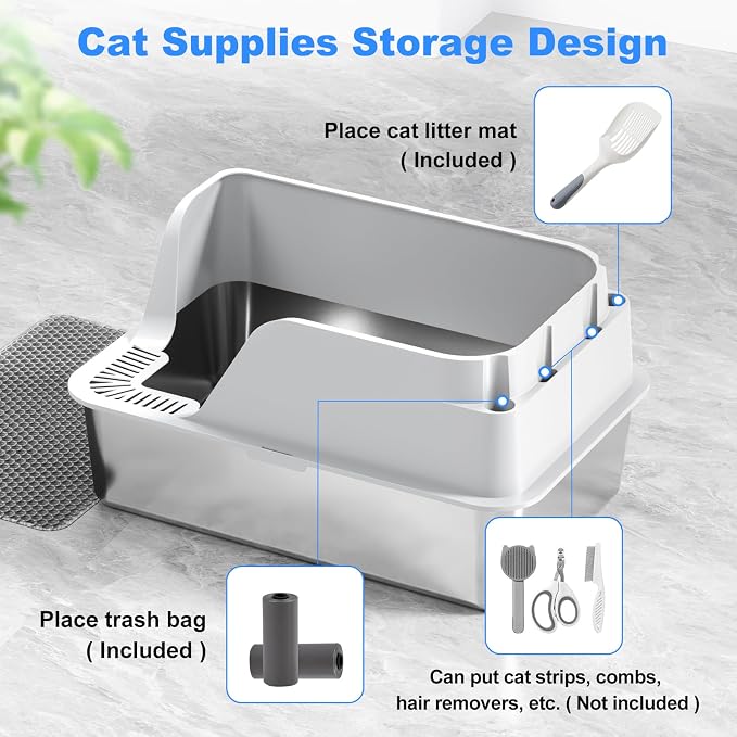 Non-Stick Stainless Steel Litter Box, XL Side Open Splash-Proof (White) | Leak-Proof Seamless Seal, Ellenpent Large Capacity, Cat Litter Box with Lid for Multi-Cats, Easy-Clean & Durable
