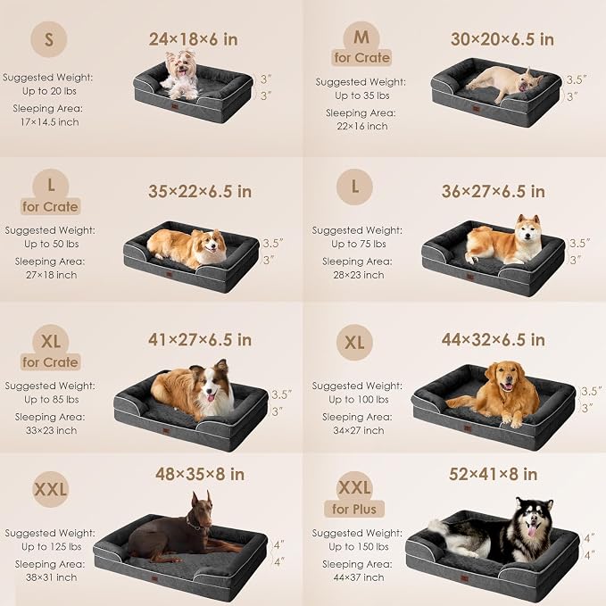 EHEYCIGA Orthopedic XL Dog Beds, Waterproof Memory Foam Dog Bed for Extra Large Dogs, Non-Slip Bottom and Egg-Crate Foam Big Pet Couch Bed with Washable Removable Cover, Dark Grey