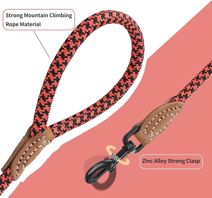 Mile High Life Dog Leash with Genuine Leather Connection, 6 FT/5 FT/4 FT | Rope Leash, Heavy Duty 360° Swivel Metal Clasp, for Small Medium & Large Dogs (Red Black, 72 Inch)