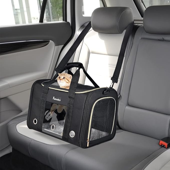 Petmolico Cat Carrier Soft-Sided Pet Bag for Small Medium Cats Puppies 16LBs - Airline Approved Pet Travel Carrier 3 Open Doors (Medium,Black)