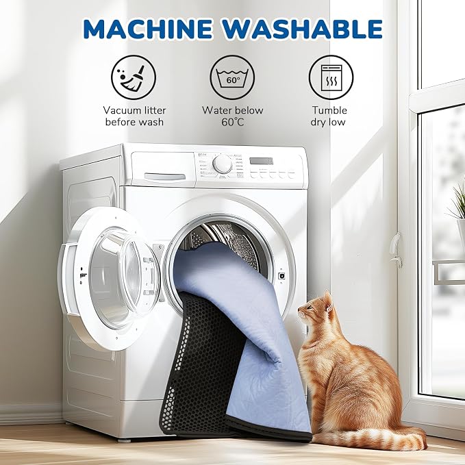 Cat Litter Mat 47" x 35", Washable Urine-Proof Non-Slip Black | Machine Washable, Upgraded Felt & Fabric Material Litter Mat for Fewer Creases, Hold 3-4 Litter Boxes, Soft on Paws