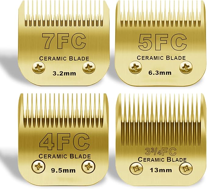 Gold Detachable Dog Blades Set Compatible with Andis/Oster A5 Grooming | Compatible with wahl km10 dog clipper,Made of Ceramic Blade & Stainless Steel Blade,Include 7FC/5FC/4FC/3FC 4 Pack