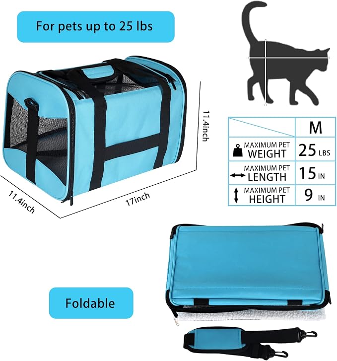 Cat Carrying Case - Pet Carrier Airline Approved, Protable and Breathable Pet Travel Carrier Removable Fleece Pad, Collapsible Cat Carrier Dog Carrier for Medium Cats Small Cats Dogs(Medium, Blue)