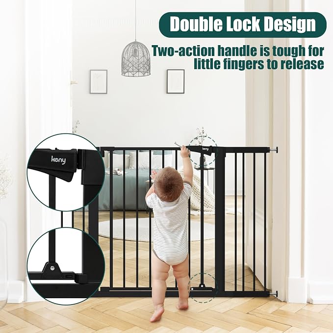 keny 29.7"-51.5" Extra Wide Baby Gate for Stairs, Easy Walk Thru Dog Gate | 21.1" Large Opening Door, Pressured Mounted No Drilling Pet Gate, 30" Tall, Black
