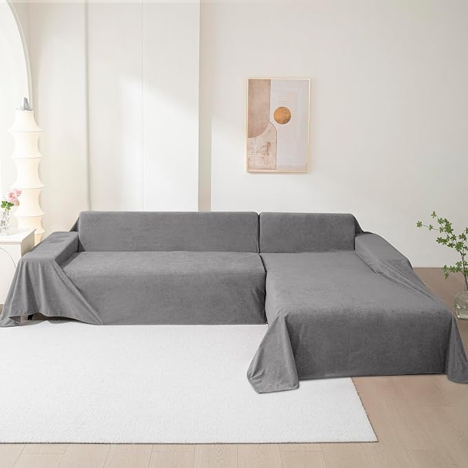 Sectional Couch Cover for 3 Cushion Sofa Washable, Cat Scratch Proof Sofa Covers, Furniture Protector Oversized L Shape Big Sofa Slipcovers for Dogs, 91" x 150", Grey