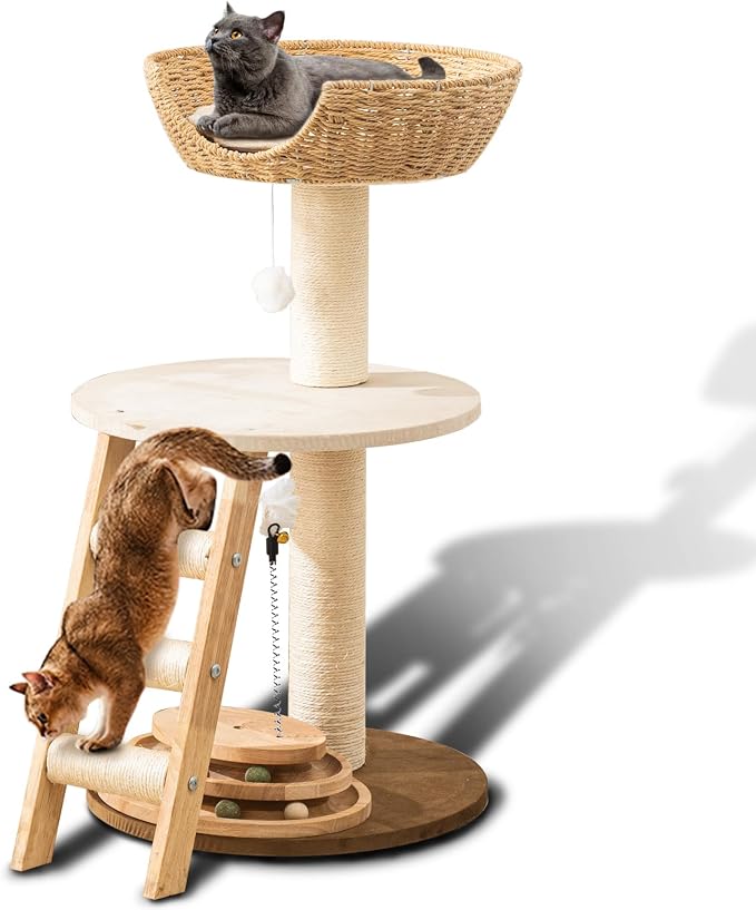 Modern Cat Tree for Indoor Cats, 30 in Cat Tower with Basket Bed | Interactive Play Base, 8cm Thick Sisal Scratching Posts, Climbing Ladder, Teaser Toy, Replaceable Cooling & Plush Mats