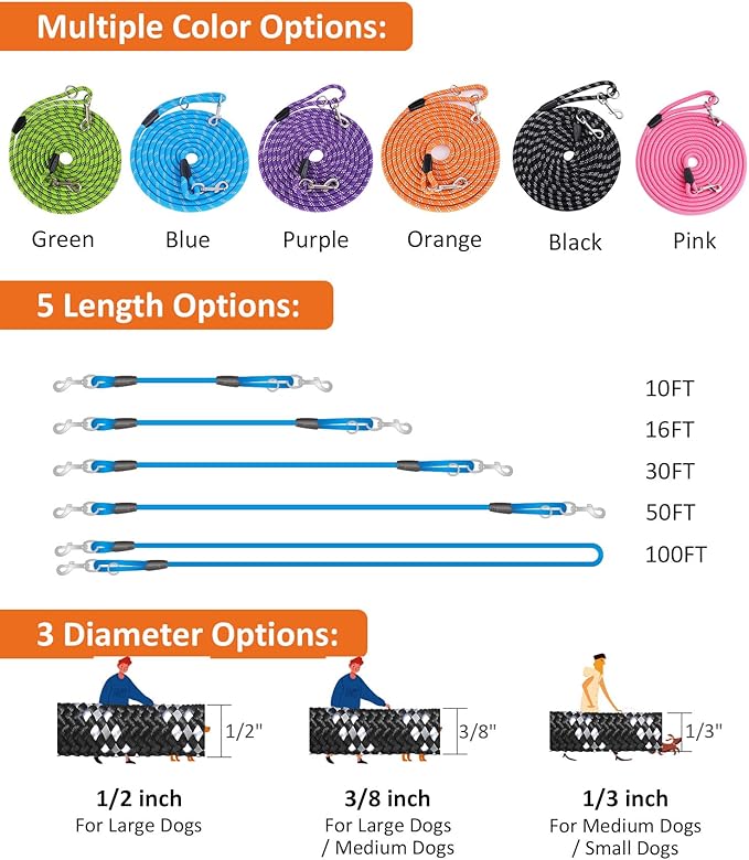 Long Dog Leash for Dog Training 20FT, Heavy Duty Dog Lead for Large Medium Small Dogs Outside Walking, Playing, Camping, or Yard, Black