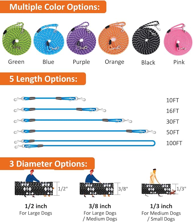 Long Dog Leash for Dog Training 16FT/30FT/50FT/100FT, Heavy Duty Dog Lead for Large Medium Small Dogs Outside Walking, Playing, Camping, or Yard 12Pink50FT