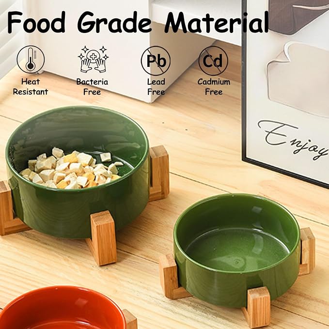 Petygooing Ceramic Cat Dog Bowl Set with Stand,Small Dog Bowls, Pet Food and Water Dish, Anti Slip Set of 2 Cat Bowls- Cute Modern Pet Food Bowl Small Size Dog (13.5OZ/5.1 in) Rust Green