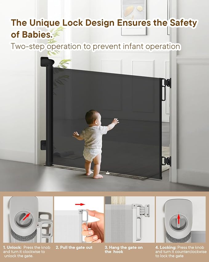 Retractable Baby Gates, 34" Tall Fits Up to 55" Wide, Black | No Bottom Bar Mesh Baby & Pet Gate with Anti-Crawling Hook, One-Hand Operation, Safety Lock for Stair, Doorway,Indoor/Outdoor