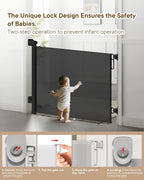 Retractable Baby Gates, 34" Tall Fits Up to 55" Wide, Black | No Bottom Bar Mesh Baby & Pet Gate with Anti-Crawling Hook, One-Hand Operation, Safety Lock for Stair, Doorway,Indoor/Outdoor