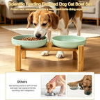 Shallow Elevated Cat Bowls with Bamboo Stand, 6.1 Inch Wide Ceramic Cat Dish Whisker Friendly, 2 Pack Pet Food and Water Plates