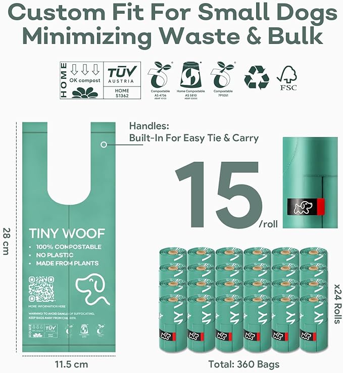 Small Dog Poop Bags, Compostable Plant-Based Waste Bags with Tie Handles, 24 Rolls (360 Count), Leak-Proof, Sized for Chihuahua, Pomeranian, Toy Poodle and Puppies