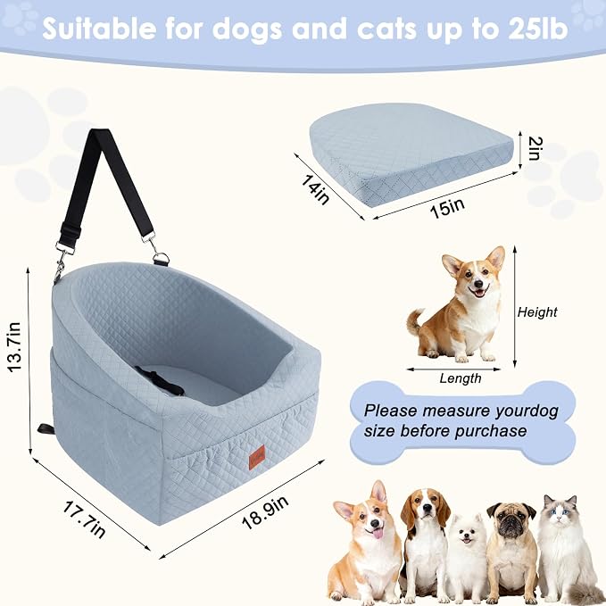 Vivifying Dog Car Seat for Small & Medium Dogs, Detachable & Washable Booster Seat for Pets Up to 25lbs, Travel Bed with Storage Pockets and Safety Belt – Gray