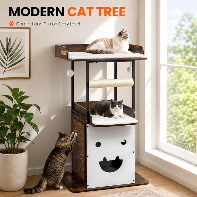 48in Wood Modern Cat Tree for Large Indoor Cats with Big Perch Bed | Multi-Level Climbing Design, Cat Cando, Sisal Scratching Posts and Board, Removable Washable Pads, Stable Rustic Brown