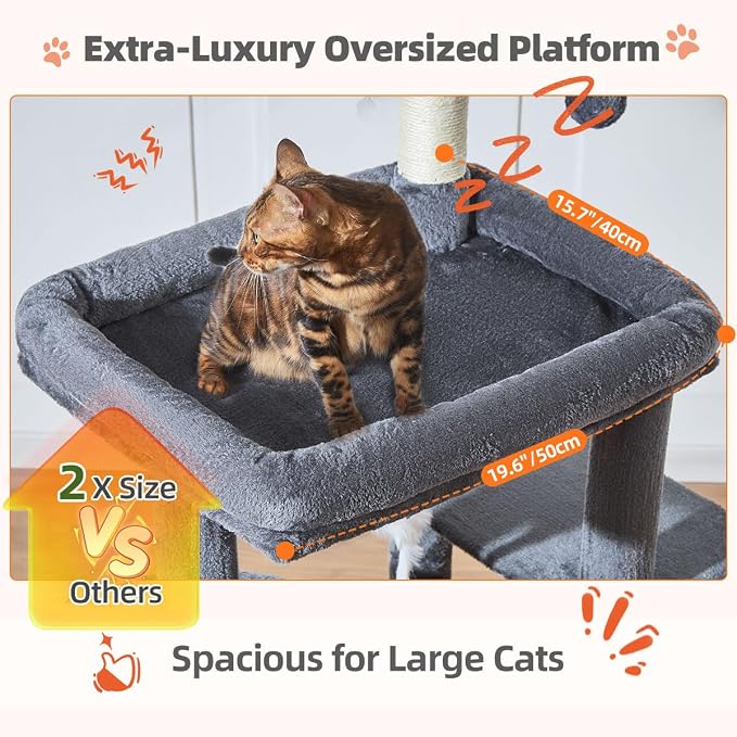 Taoqimiao Sturdy Cat Tree, 55.1In Cat Tower for Indoor Cats, Large Platform | Rotatable Round Condo with Large Scratch Board, Extended Cat House, Thickened Full-Sisal Scratching Post, Smoky Gray, F10G