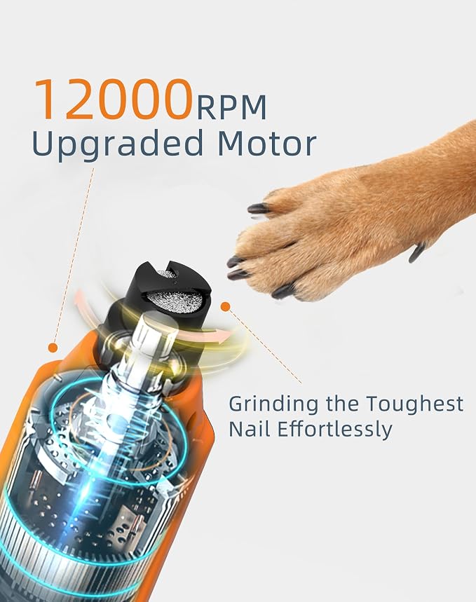 6-Speed Dog Nail Grinder& 3 Grinding Heads with 2 LED Lights | Super Quiet (45 db) Pet Nail grinder 12000RPM & 3 Grinding Ports with Dust Cap Dog Nail Trimmer for Large Medium Small Dogs