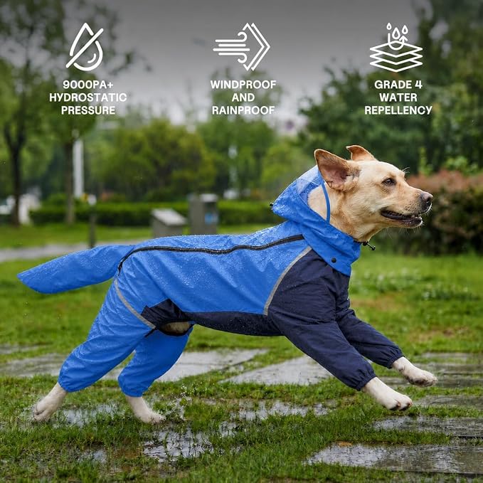 Full-Body Dog Raincoat with Detachable Hood, Waterproof Reflective Dog Rain Jacket with Tail Cover, Adjustable Fit and Leash Portal for Rainy Walks, Blue, Medium