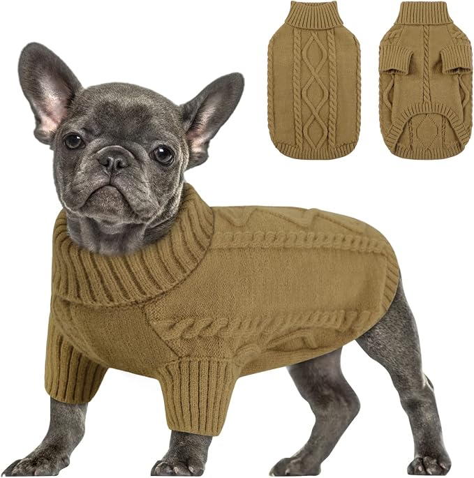 Queenmore Small Dog Pullover Sweater, Cold Weather Cable Knitwear, Classic Turtleneck Thick Warm Clothes for Chihuahua, Bulldog, Dachshund, Pug (Light Brown, Small)