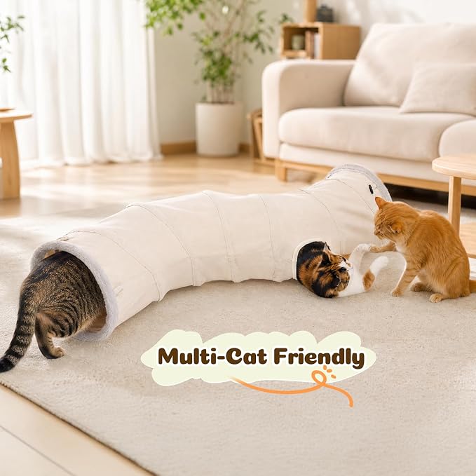 Ownpets S-Shape Cat Tunnel Toy 48"L x 10"D, for Cats, Puppies & Small Pets | Collapsible for storage, tear-resistant oxford fabric, connects to other tunnel, with peek hole, feather wand, indoor/outdoor
