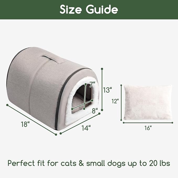 Hollypet Cat Bed Cave for Indoor Cats for Pets up to 20 lbs, Gray | Warm Cat Arched Cave Bed Condo, Covered Kitty House with Removable Washable Cushion, Cozy Enclosed Pet Bed for Small Dogs
