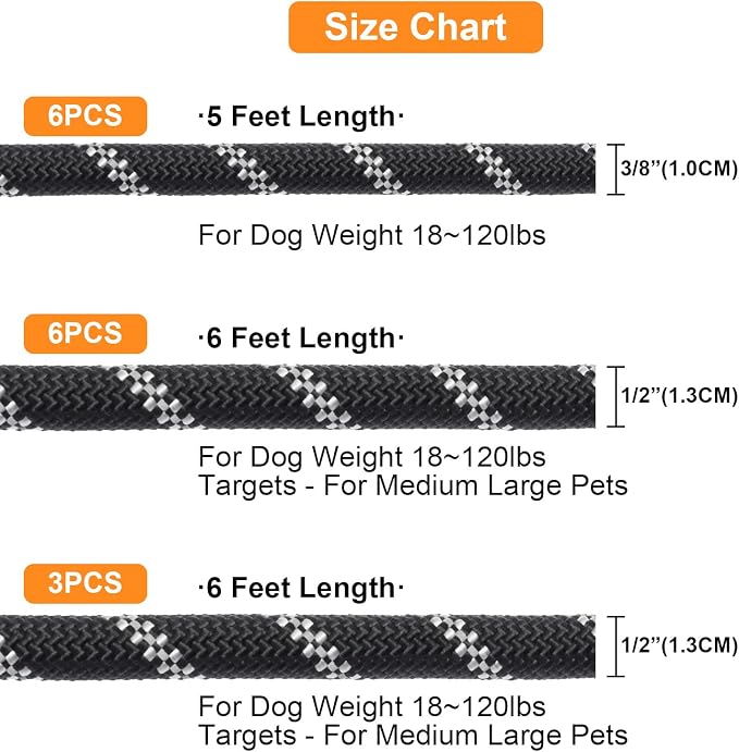 BEAUTYZOO Heavy Duty Rope Dog Leash 3 Pack, 6FT Nylon Pet Leash with Reflective Thread, Soft Padded Handle Thick Lead Strong Dog Leashes for Large Medium Dogs Small Puppy Training 6'*1/2 inch
