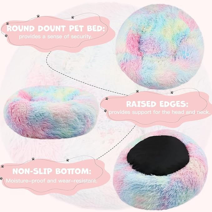 Himax Covered Large Dog Bed with Blanket Attached Calming Burrow Multicolor | 35in Anti-Anxiety Donut dog bed with cover, Washable Round Fluffy Pet& Cat Beds for Indoor