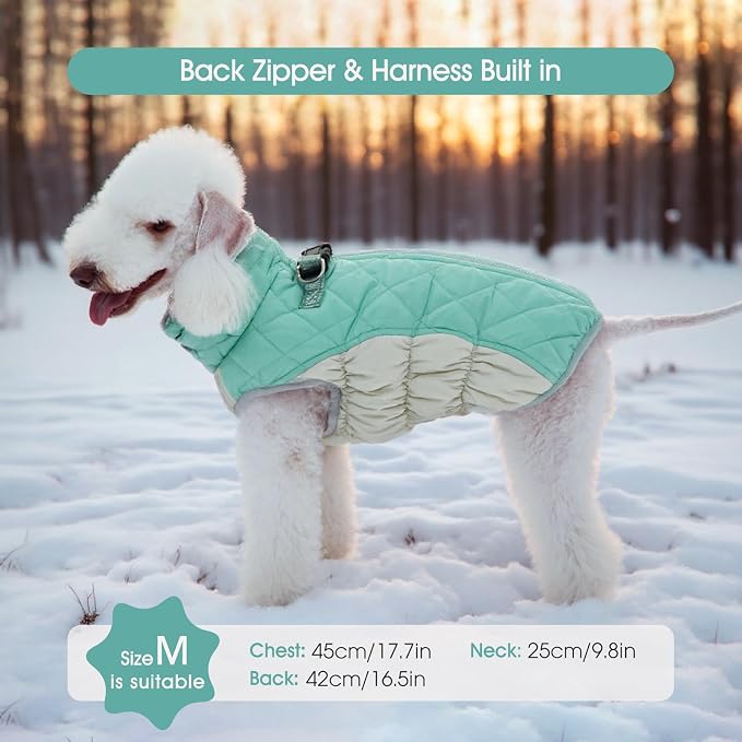 FUAMEY Dog Coat for Small Dogs, Fleece Dog Winter Jacket with Harness | Puppy Cold Weather Coats Reflective Pet Puffer Vest with Zipper Water-Resistant Warm Dogs Snowsuit Windproof Mint Green XS