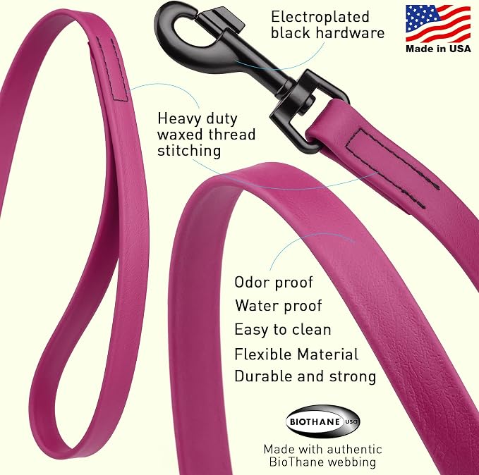 Dogline Biothane Waterproof Dog Leash Strong Coated Nylon Webbing with Black Hardware Odor-Proof Easy to Clean High Performance for Small or Large Dogs Made in USA 2 ft Lead, Magenta Pink
