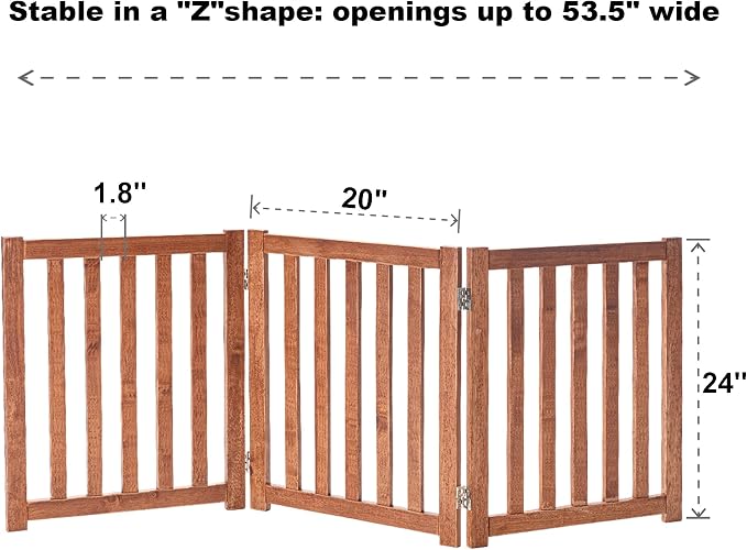 LZRS Wooden Free Standing Dog Gate 60" W x 24" H, Foldable Solid Hardwood Pet Safety Fence for House Doorways, Stairs, Hallways, Step-Over Pet Barrier, No Drill Easy Setup, Oak