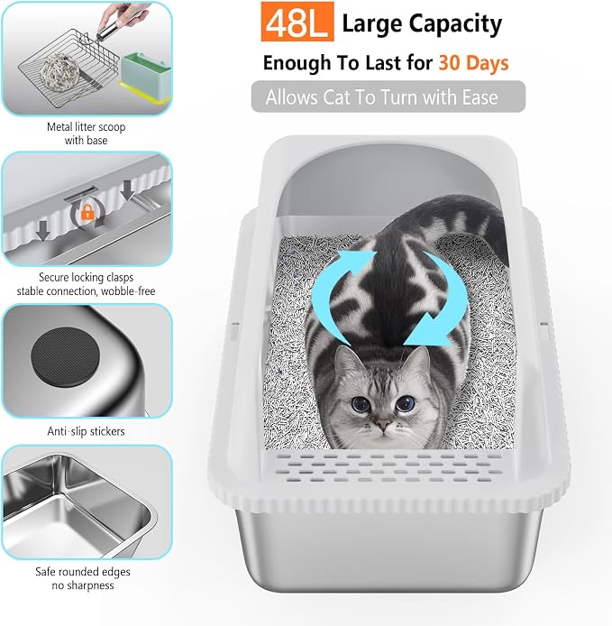 Stainless Steel XXL Cat Litter Box for Big Cats- Metal Extra Large Litter Box with Lid, Include Metal Litter Scoop,Mat. High Sided with Guard Prevent Splashing. No Smell, Always New After Clean.