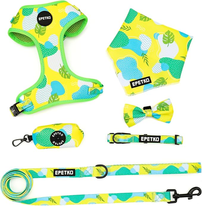 Small Dog Harness and Leash Set of 6, No Pull Soft Lightweight Mesh Puppy Harness， Adjustable Cute Floral Pattern Pet Harness for Small Medium Dogs (Green Leaf, S)